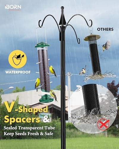 iBorn Nyjer & Thistle Bird Feeder for Outdoors Hanging，Finch Feeders for Outside，Metal Tube Bird Feeder 14 Inch with 12 Small Ports,8 Metal Perches,Green