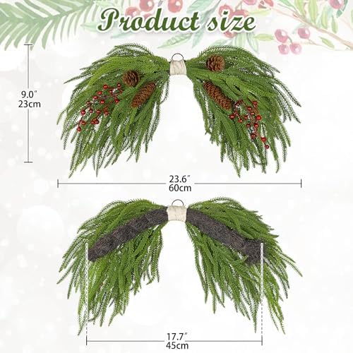 Artificial Christmas Swags with Norfolk Pine, Red Berries and Pinecones, 24" Christmas Thanksgiving Decorations for Front Door, Mantel, Staircase, Window, Xmas Décor