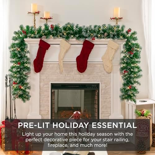 Best Choice Products 9ft Pre-Lit Holiday Pre-Decorated Christmas Garland for Stairs, Fireplace, Decoration w/PVC Tips, 50 Lights, Pine Cones, Berries - Semi-Flocked