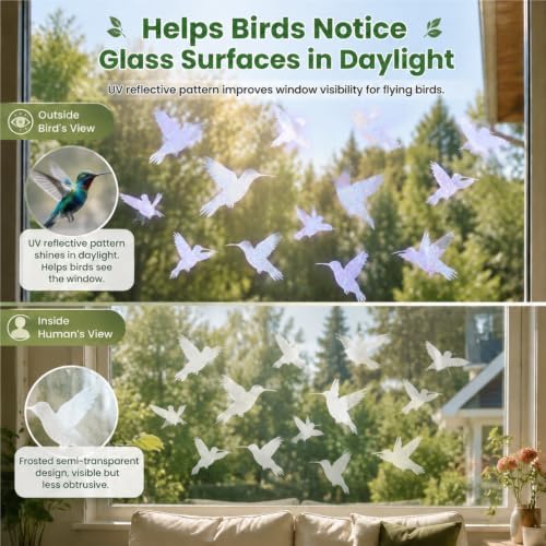 UV Reflective Window Bird Stickers, 12 Pcs Hummingbird Anti Collision Decals on 2 Sheets for Glass Doors and Windows