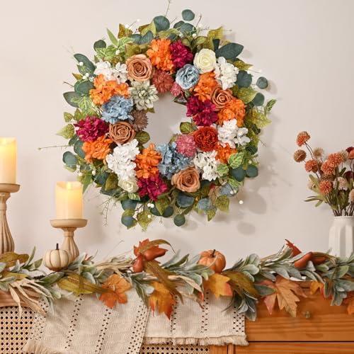 Fall Wreaths for Front Door, 26 Inches Fall Wreath with Hydrangea