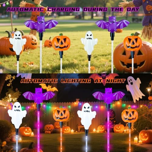 6 Pack Halloween Solar Yard Lights, Pumpkin Ghost Bat Outdoor Stakes