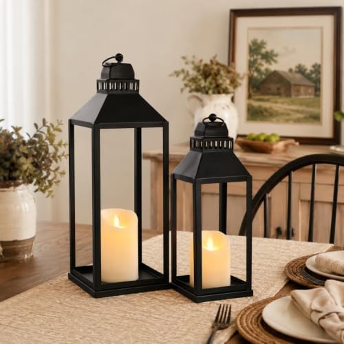 Decorative Lanterns Indoor Outdoor, 2Pcs 17" 13" Black Lantern with Candles