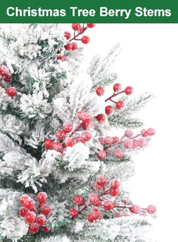 Feitore 30 Pack Snow Frosted Red Berry Stems 8.9" Holly Frosted Berry Picks Snowy Artificial Red Berries for Christmas Tree Filler Picks and Sprays Holiday DIY Crafts Christmas Decor