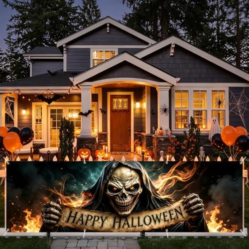118"x35" Extra Large Happy Halloween Banner Big Spooky Halloween Backdrop for Giant Outdoor Yard Easy Hang with Ropes&Grommets–Perfect for Fence, Porch, Garden, Haunted House Party Signs (Fiery Skeleton, 118"x35")