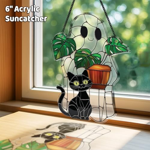 2 Cute Boo Halloween Decoration, Spooky Ghost & Black Cat Plant Suncatchers
