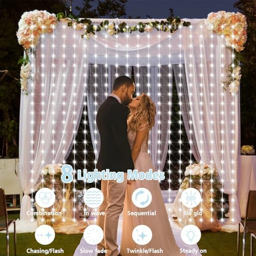 7.9ft x 6ft Curtain Lights Solar with Timer, 144 LED Outdoor Curtain Lights