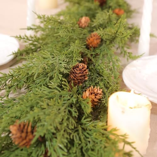 WBHome 2pcs Real Touch Cypress Cedar & Pine Cone Evergreen Garland for Christmas Holiday Seasonal Outdoor/Indoor Home Decor, 9FT Long