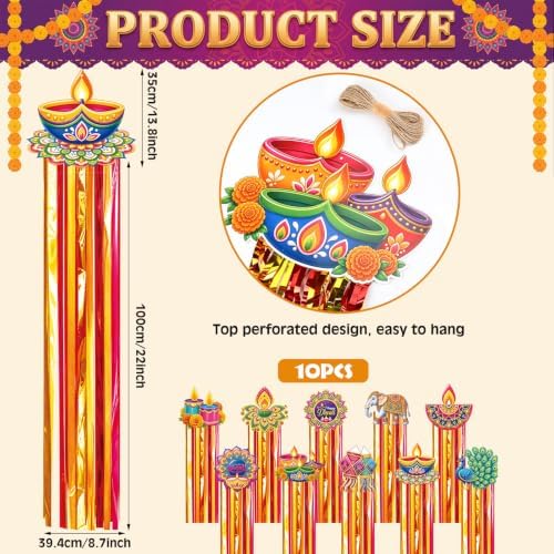 10 Pcs Diwali Hanging Decoration Traditional Indian Festival Ornaments with Diya Elephant Peacock Elements Tassel Hanging Streamers Diwali Decor for Home, Garden, Temple, Tree, Door Decor