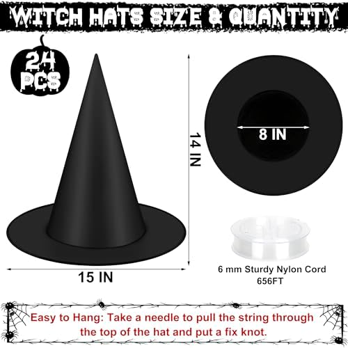 24 PCS Halloween Witch Hat with Nylon Ropes for Halloween Yard Decor