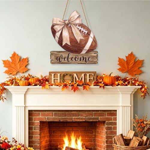 Fall Football Welcome Wreath Sign Wooden Beige Bow for Front Door