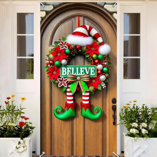 BlissYard Christmas Door Cover Believe Elf 35x71 Inch Polyester