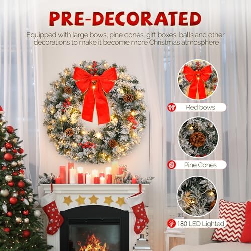VINGLI 36" Prelit Christmas Wreath, Plug-in Artificial Wreath with 100 LED Lights & 300 Tips for Indoor Door/Window