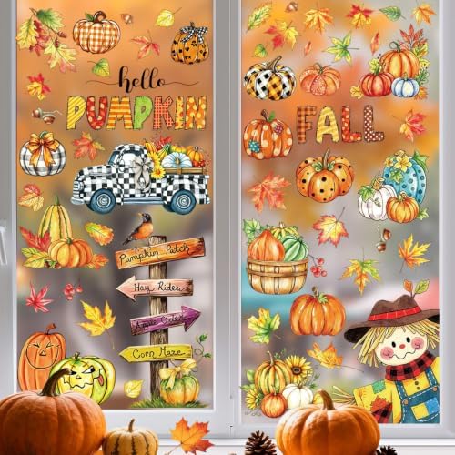 Fall Window Clings Maple Leaves Pumpkins Scarecrow Truck Autumn Harvest, 9 Sheets Thanksgiving Window Clings for Glass Windo Fall Decor Indoor Windo Decals