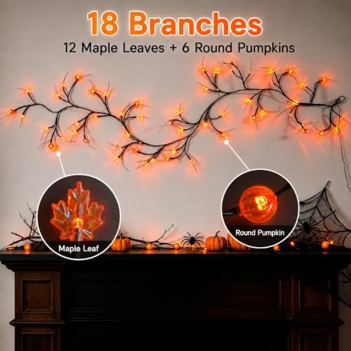 Halloween Willow Vine Branch Light, Pumpkin Maple Leaf Orange Light