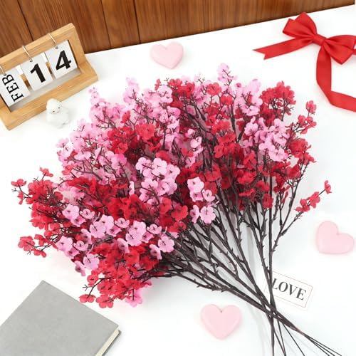Uieke 30 Pcs Valentine’s Day Artificial Baby’s Breath Flowers, Red Pink Faux Gypsophila Bouquets Real Touch Silk Fake Flowers for Romantic Wedding, Anniversary, Party, Home Table Centerpiece Décor