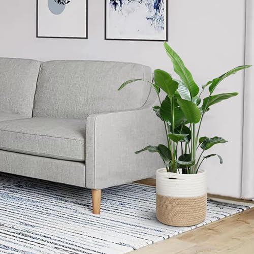 MEGASKET Small Wicker Plant Basket Indoor, 8"x8" Jute Spliced Cotton Rope Basket Planter Up to 7" Pot, Modern Flower Tree Pots Cover, Small Floor Woven Planters, Home Decor Storage Bin (Pack of 2)