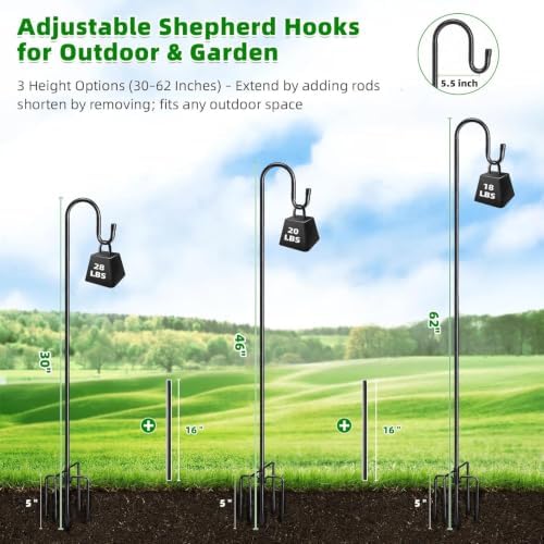 COCONUT 62" Shepherds Hooks for Outdoor, Bird Feeder Pole with 5 Prong Base, Adjustable Height Shepherds Hook for Hummingbird Feeder, Bird Feeder, Lightweight Plant, Wind Chimes, Lanterns (2 Pack)
