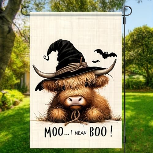 BlissYard Halloween Garden Flag Witch Highland Cow 12 x 18 Inch