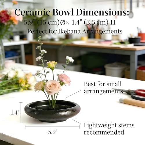 Ikebana Flower Arranging Kit with Ceramic Vase & Kenzan Flower Frog, Beginner Japanese Flower Arrangement Set for Fresh Flowers, Glazed Black Ikebana Bowl for Home Décor, Relaxation & Gift