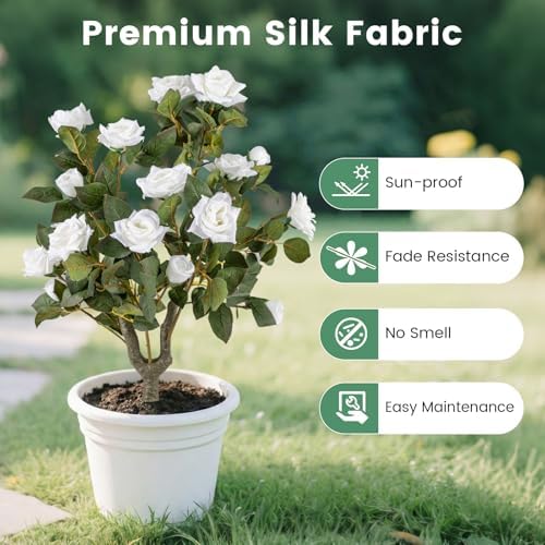 Goplus 2 Pack Artificial Rose Flower Trees, 31.5” Fake Shrub Plants with Spikes, 186 Leaves & 18 White Flowers, Sun-Proof Indoor & Outdoor Silk Floral Topiary Plants for Home Porch Wedding