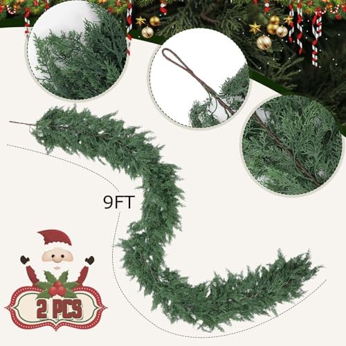 Hananona 9 FT Christmas Garland, 2 Pcs Real Touch Cedar Garlands