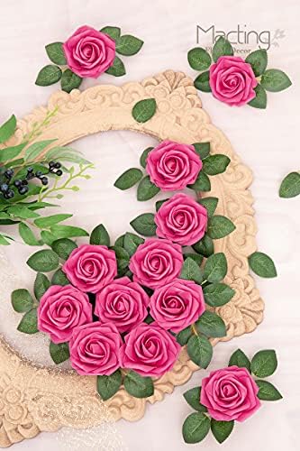 MACTING 30PCS Hot Pink Artificial Roses with Stems, Real Touch Foam Flowers