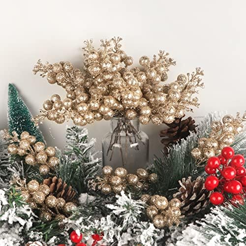 24 Pack Glitter Champagne Gold Berry Stems,7.5 Inch Christmas Sparking Red Faux Winter Berry Sprigs,Artificial Red Berries Branches for Christmas Tree Garland Wreath Crafts Season Winter Home Decor