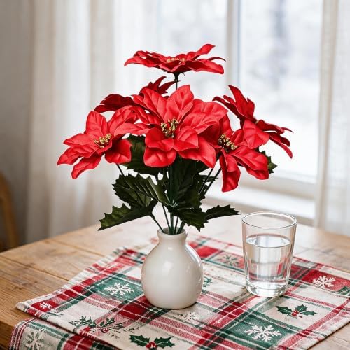 3 Pack Artificial Poinsettia Bushes, 11.8" Faux Red Poinsettia Flowers with 7 Heads Each, Realistic Silk Christmas Flower Picks for Tree, Wreath, Garland, Table Centerpieces, Holiday Décor