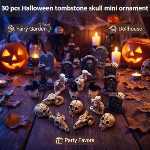 Suartus 30Pcs Halloween Miniatures Figurines, Mini Resin Tombstones Tiny Crow Animals Skull Head Figure Ornaments Halloween Garden Accessories for DIY Crafts Outdoor Home Village Graveyard Scene