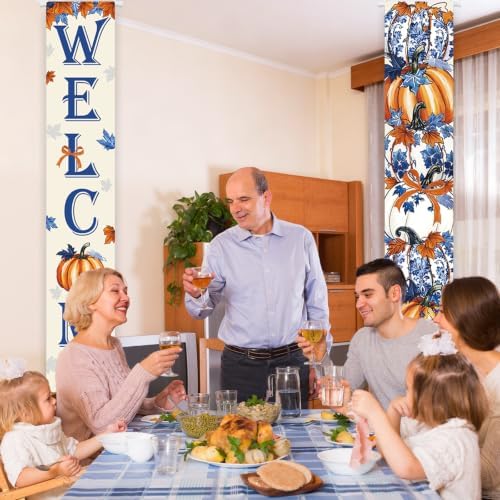 AIBIIN Blue and White Chinoiserie Pumpkin Porch Banner Welcome Fall Decor
