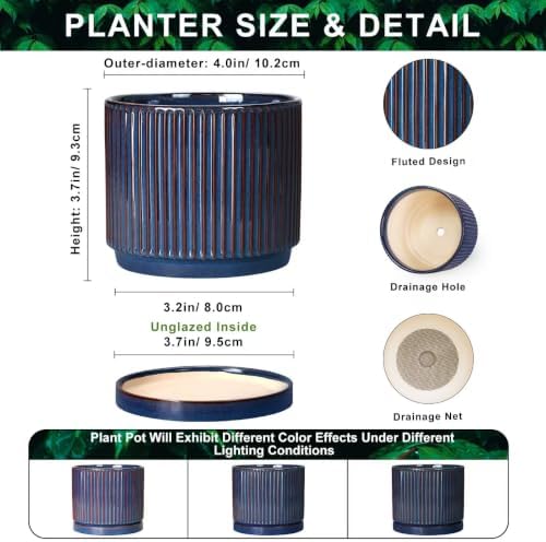 4 Inch Pots for Plants, Ceramic Plant Pots with Saucer, Retro Blue