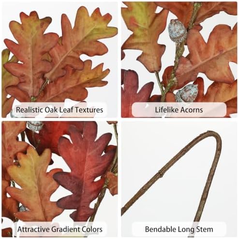 35" Long Faux Oak Leaf Stems with Acorns, 3Pcs Fall Stems for Vase Brown