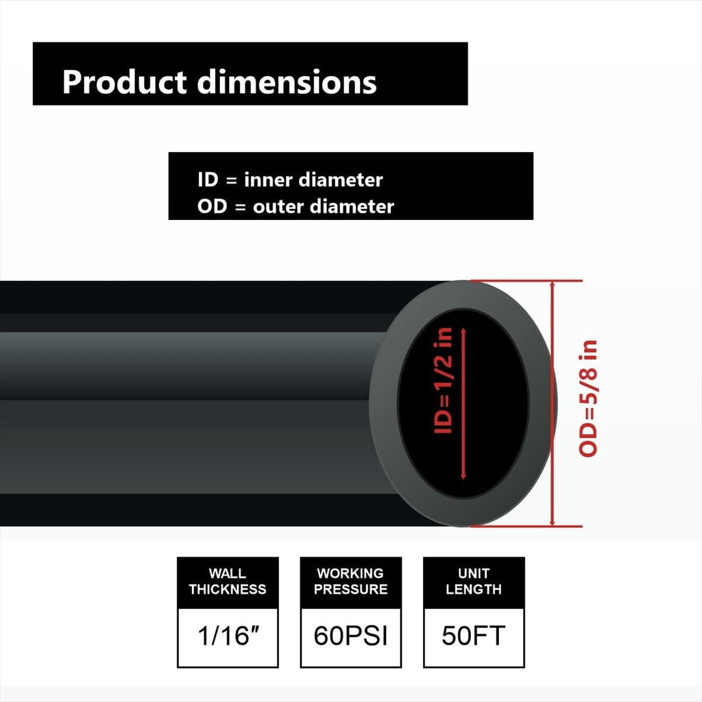Black Vinyl Tubing 1/2" ID × 5/8" OD - 50 ft PVC Flexible Plastic Tube Hybrid Hose with 4 Stainless Clamps, Transfer