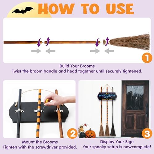 JOYIN Halloween Broom Parking Sign with 3pcs Wooden Witches Brooms, Halloween Decorations Outdoor, Wooden Warning Sign for Front Porch Wall Decor Home Office Indoor