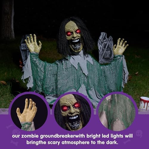 JOYIN Halloween Outdoor Animatronic Groundbreaker Decorations, Half-Body Zombie Groundbreaker with Motion and Light-Up Eyes, for Outside Decor Graveyard Yard Lawn Haunted House Props