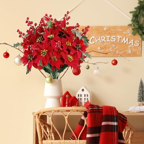 Sggvecsy Artificial Poinsettia Bouquet 17’’ Poinsettia Bush Christmas Flowers Holly Berry Stems with Red Berries Holly Leaves for Home Porch Garden Indoor Outdoor Holiday Xmas Decorations (Pack of 6)