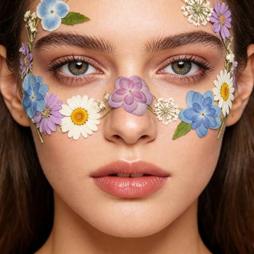 Dried Pressed Flowers Real Pressed Flowers Natural Dry Leaves Bulk Mixed Colorful Herbs Kit with Tweezers for Scrapbooking DIY Candle Jewelry Crafts Making Nails (White, Purple, Blue)