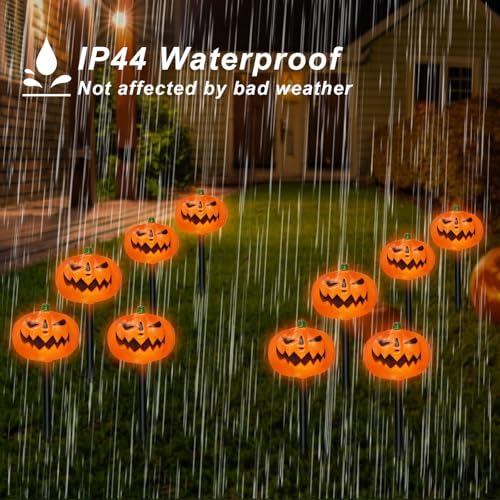 BRIGHTDECK Halloween Solar Pathway Lights Outdoor, LED Decor, Light Up Solar Stake Lights for Holiday, Halloween, Walkway, Sidewalk (Flat Pumpkin, 10-Pack)