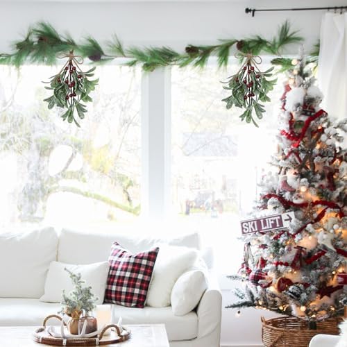 Mistletoe Decoration 9 Inch Mistletoe Christmas Decor with Berries Artificial Mistletoe Pick Kissing Ball Christmas Mistletoe Hanging Ornament for Tree Door Holiday Decor (White, 6PCS)