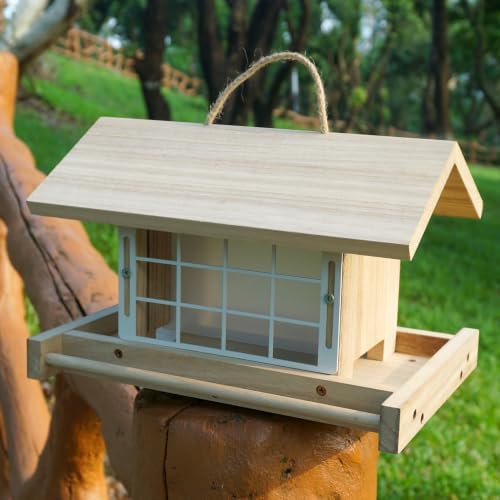 Hanging Wooden Bird Feeder with Suet Cage Fat Ball Holder for Wild Bird