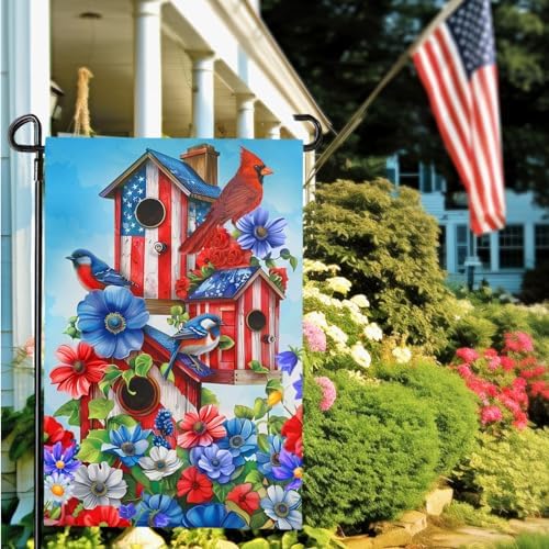 Summer Cardinal Bird Flower Garden Flag Patriotic Floral Yard Flags American Memorial Day 4th of July Flags Double Sided Rustic Farmhouse Garden Yard Seasonal Holiday Outdoor Decor 12×18 Inch