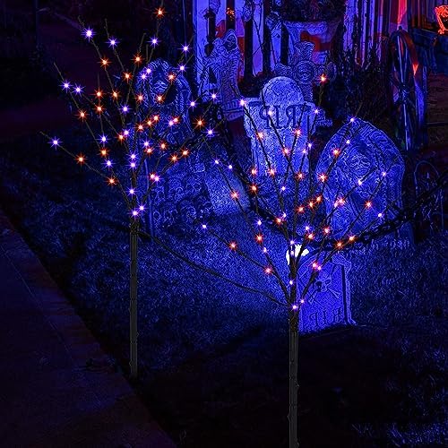 Lighted Halloween Tree Branches, 30IN 100LED Artificial Black Twig Branch with Purple&Orange Fairy Lights, Built-in Timer & Battery Operated, Waterproof for Outdoor Pathway Lawn Garden Decorations