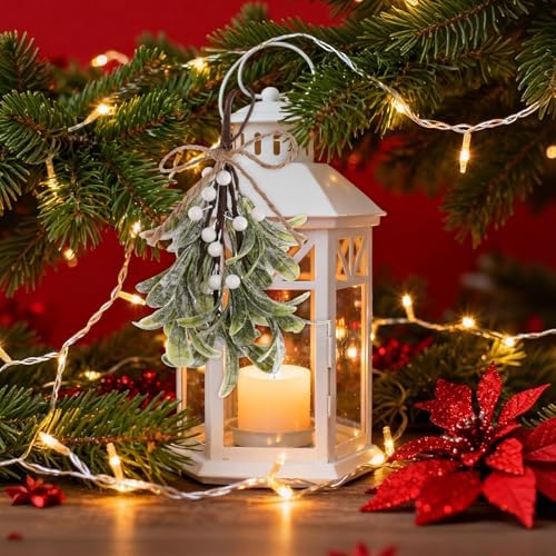 Mistletoe Christmas Decor Artificial Mistletoe Frosted Ornament with White Berries Snowflakes Hanging Christmas Decoration Kissing Ball Ornament for Xmas Tree Kitchen Doorway Home