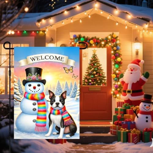 BlissYard Winter Yard Flag Snowman Puppy 12x18 Inch Polyester