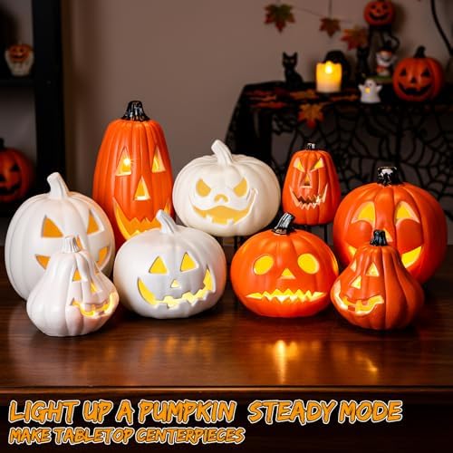 Tujoe 12 Pcs Halloween Pumpkin Lantern Set Light up LED,Orange and White