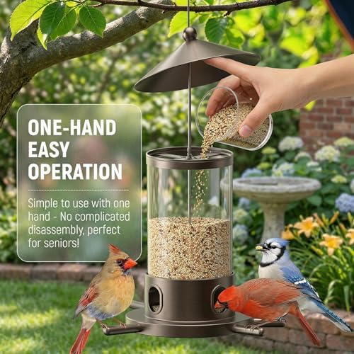 MrCrafts Metal Bird Feeder for Outdoor Hanging - Premium Iron Wild Bird Feeders, Bronze Heavy Duty Iron with Drainage Holes, One-Handed Refill Sliding Roof, Elegant Minimalist Garden Decor