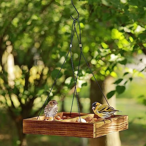 MIXXIDEA Bird Feeder Hanging Tray, Wooden Platform Hummingbird Feeder Mesh Seed Platform for Garden Yard Outside Decoration Attracting Wild Birds (Brown)
