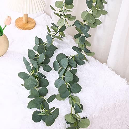 FUGZAUD 2 Pack Artificial Eucalyptus Garland Faux Silk Leaf Silver Dollar Eucalyptus Leaves Vines Handmade Garland Greenery Wedding Backdrop Indoor Outdoor Arch Wall Decoration