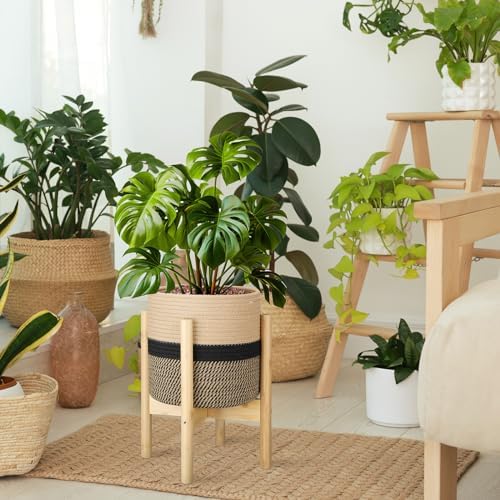 Plant Basket with Stand,10 Inch,Black and Beige Stripes